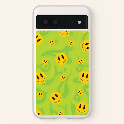 Green Wavey Smileys Pattern  - Psychedelic Phone Case for Google Pixel 7