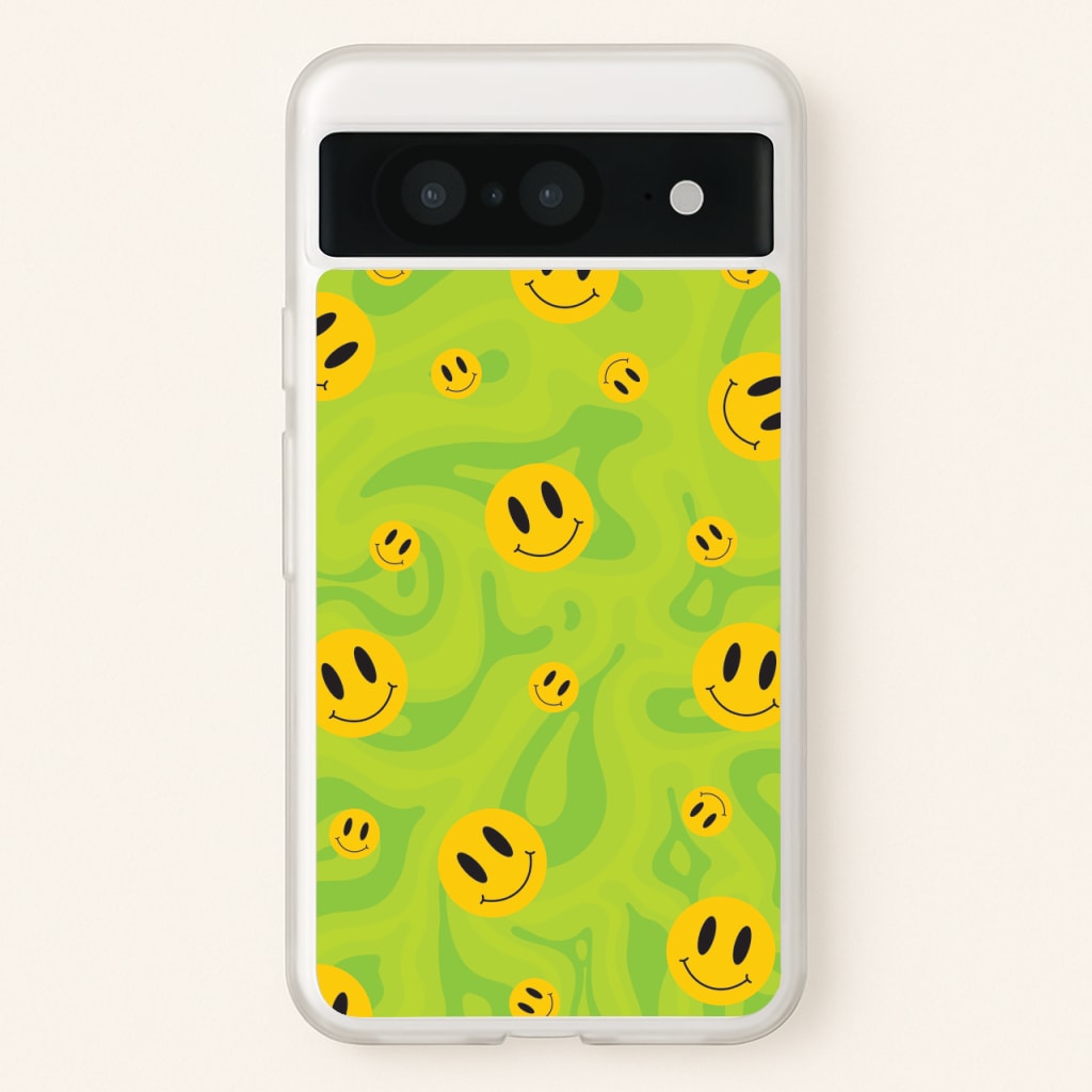 Green Wavey Smileys Pattern  - Psychedelic Phone Case for Google Pixel 8