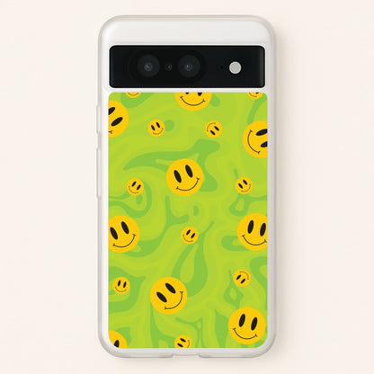 Green Wavey Smileys Pattern  - Psychedelic Phone Case for Google Pixel 8
