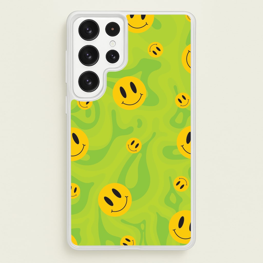 Green Wavey Smileys Pattern  - Psychedelic Phone Case for Galaxy S22 Ultra