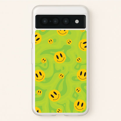 Green Wavey Smileys Pattern  - Psychedelic Phone Case for Google Pixel 7 Pro