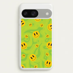 Green Wavey Smileys Pattern  - Psychedelic Phone Case for Google Pixel 9 / 9 Pro