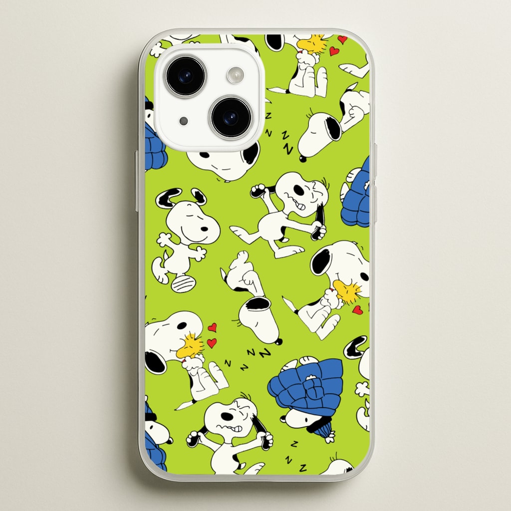 Lime Green Cartoon Beagle Pattern  - Snoopy Phone Case for iPhone 14