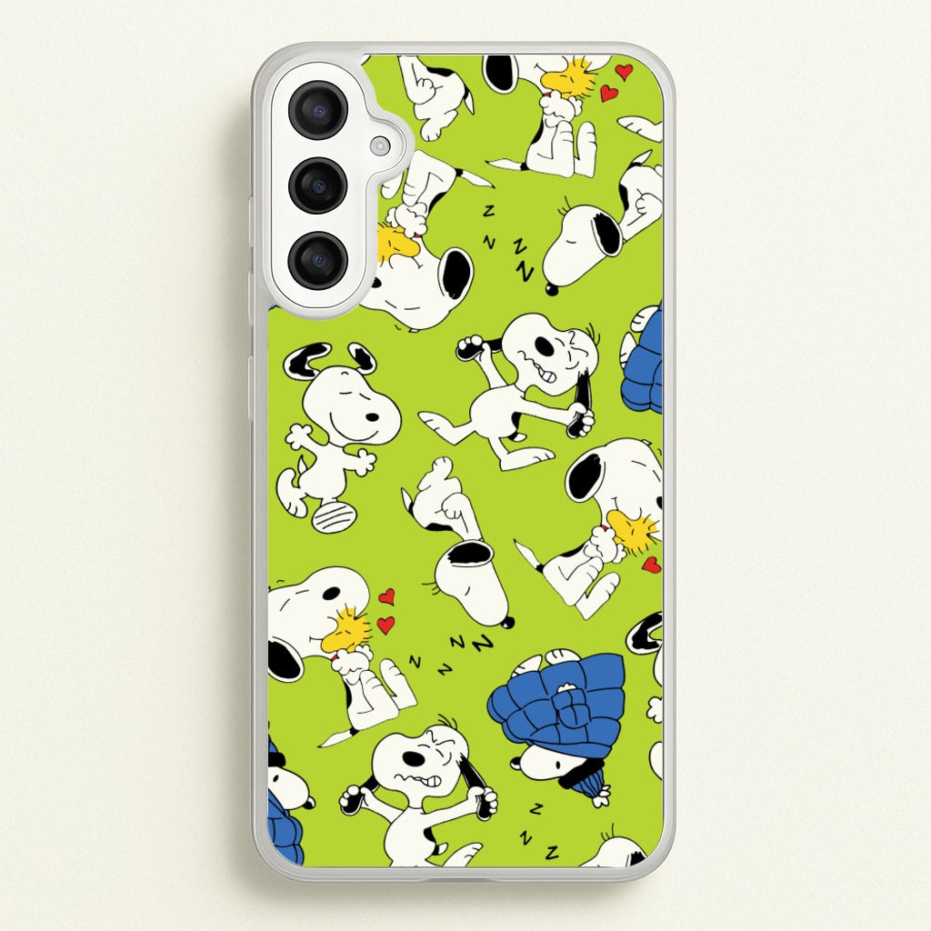 Lime Green Cartoon Beagle Pattern  - Snoopy Phone Case for Galaxy A34