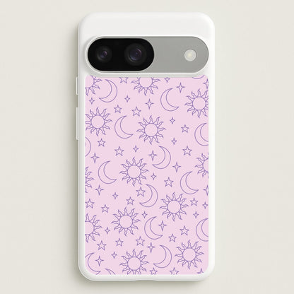 Sun, Moon And Stars Pattern Mauve  - Space Phone Case for Google Pixel 9 / 9 Pro
