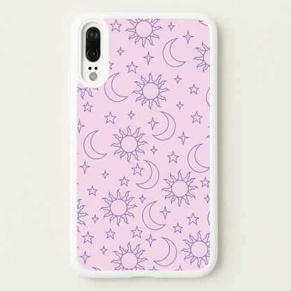 Sun, Moon And Stars Pattern Mauve  - Space Phone Case for Huawei P20