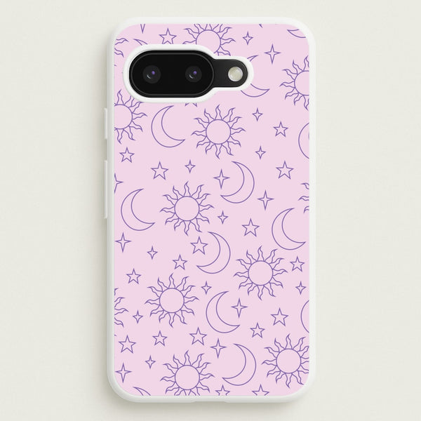Sun, Moon And Stars Pattern Mauve  - Space Phone Case for Google Pixel 9a