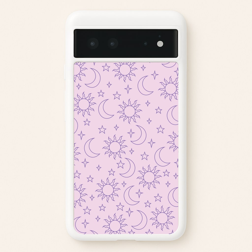 Sun, Moon And Stars Pattern Mauve  - Space Phone Case for Google Pixel 6
