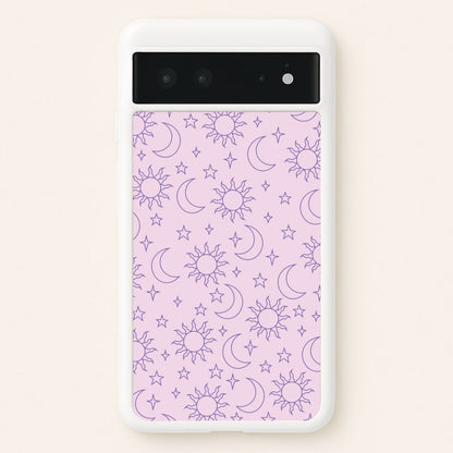 Sun, Moon And Stars Pattern Mauve  - Space Phone Case for Google Pixel 6