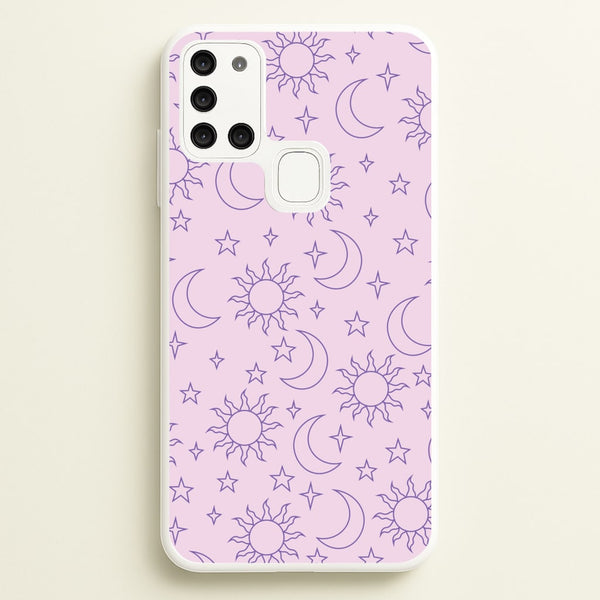 Sun, Moon And Stars Pattern Mauve  - Space Phone Case for Galaxy A21s