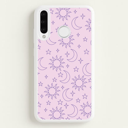 Sun, Moon And Stars Pattern Mauve  - Space Phone Case for Huawei P30 Lite