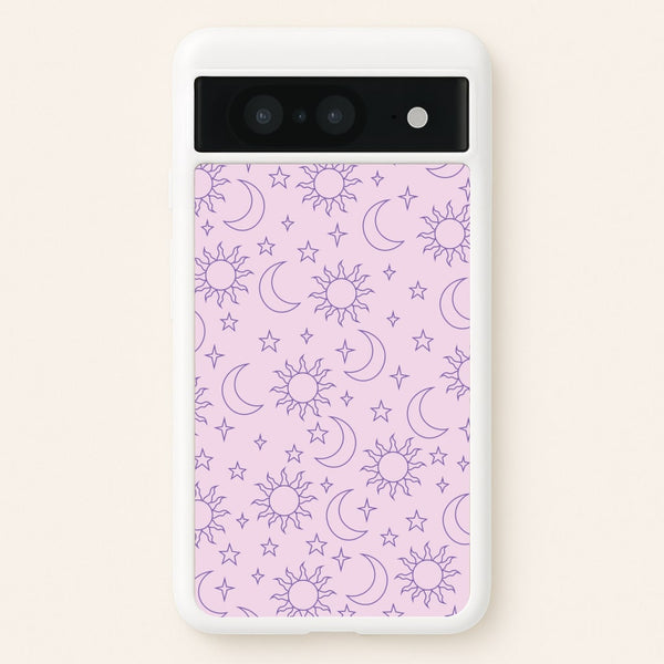 Sun, Moon And Stars Pattern Mauve  - Space Phone Case for Google Pixel 8