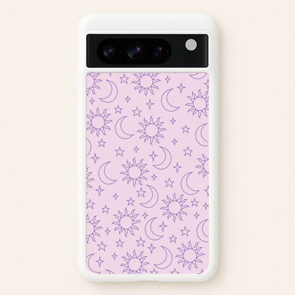 Sun, Moon And Stars Pattern Mauve  - Space Phone Case for Google Pixel 8 Pro