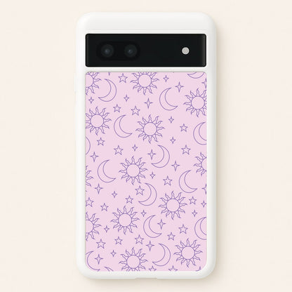 Sun, Moon And Stars Pattern Mauve  - Space Phone Case for Google Pixel 6a