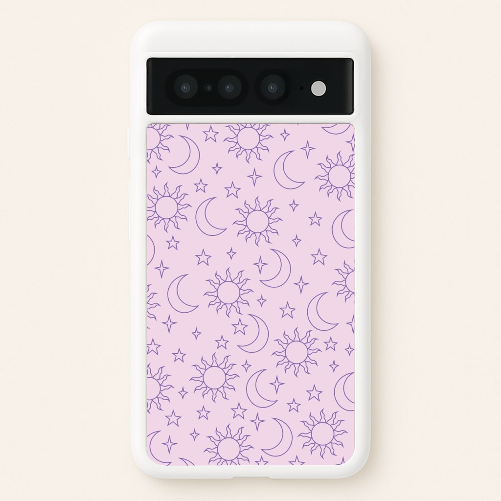Sun, Moon And Stars Pattern Mauve  - Space Phone Case for Google Pixel 7 Pro