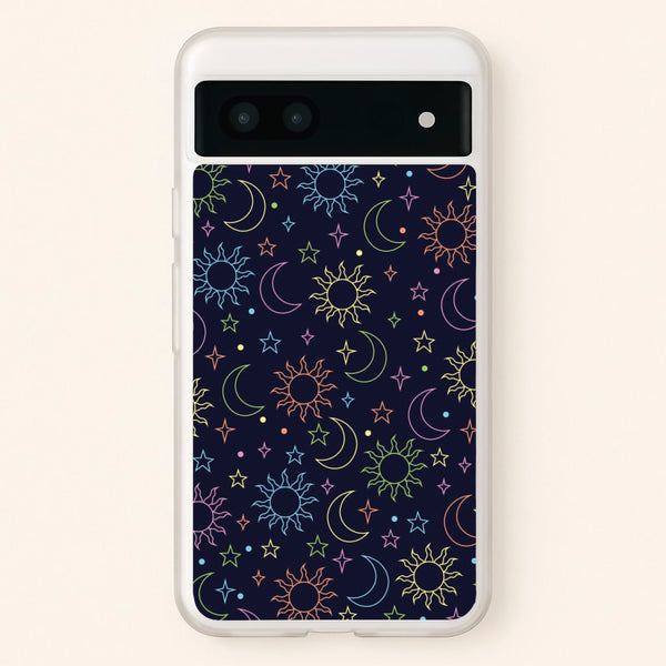 Sun, Moon And Stars Pattern Rainbow  - Space Phone Case for Google Pixel 7a