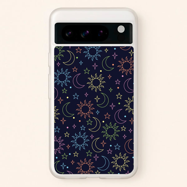Sun, Moon And Stars Pattern Rainbow  - Space Phone Case for Google Pixel 8 Pro