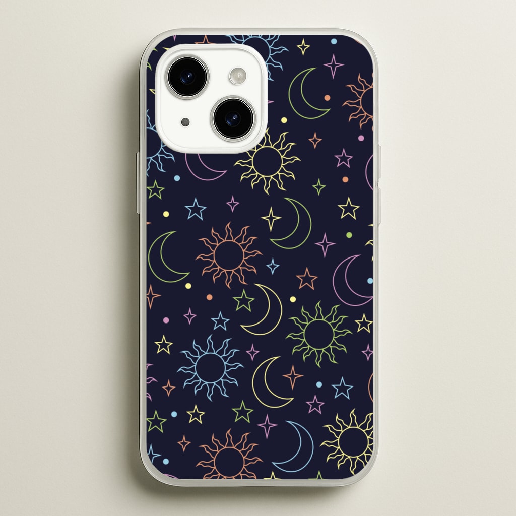 Sun, Moon And Stars Pattern Rainbow  - Space Phone Case for iPhone 15