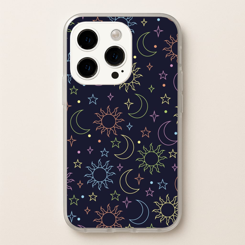 Sun, Moon And Stars Pattern Rainbow  - Space Phone Case for iPhone 15 Pro