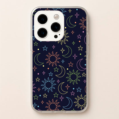 Sun, Moon And Stars Pattern Rainbow  - Space Phone Case for iPhone 15 Pro