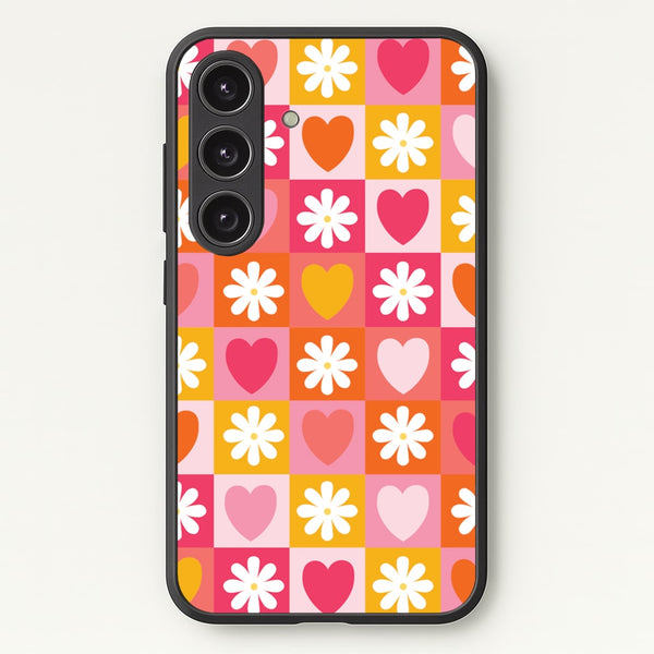 Checked Hearts And Flowers - Spring Patterns  - Spring Phone Case for Galaxy S24FE