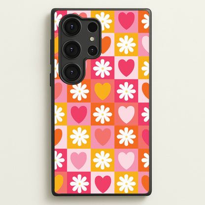 Checked Hearts And Flowers - Spring Patterns  - Spring Phone Case for Galaxy S25 Ultra