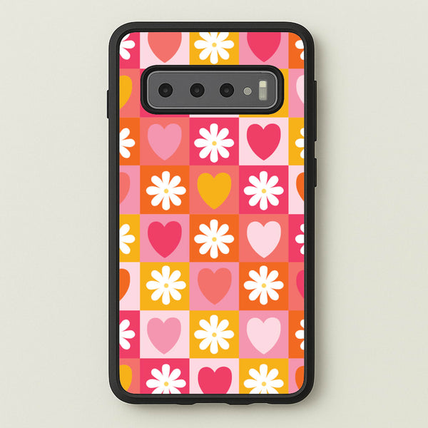 Checked Hearts And Flowers - Spring Patterns  - Spring Phone Case for Galaxy S10 Plus