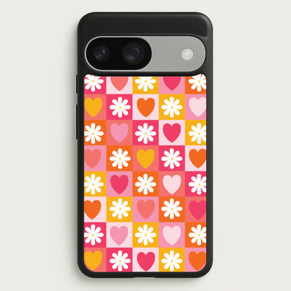 Checked Hearts And Flowers - Spring Patterns  - Spring Phone Case for Google Pixel 9 / 9 Pro