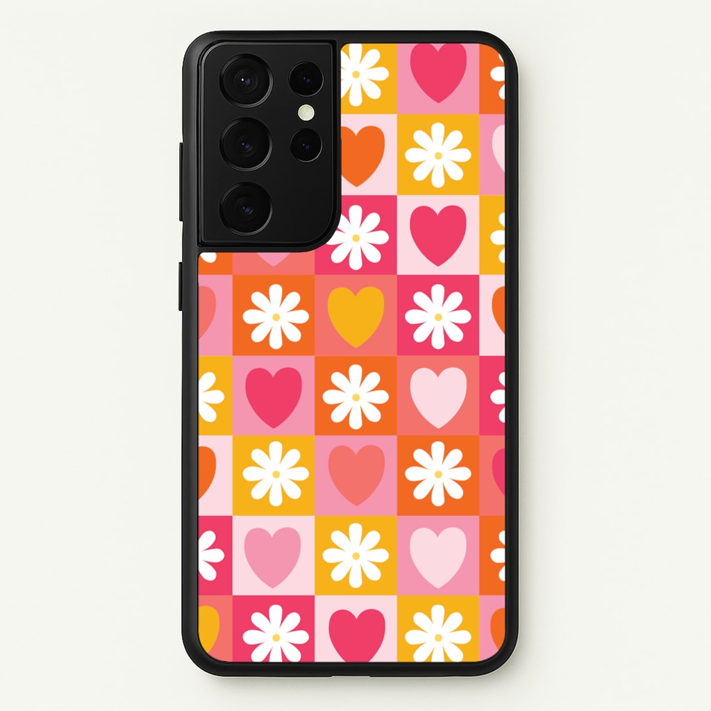 Checked Hearts And Flowers - Spring Patterns  - Spring Phone Case for Galaxy S21 Ultra
