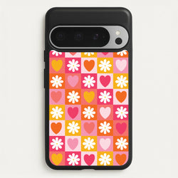 Checked Hearts And Flowers - Spring Patterns  - Spring Phone Case for Google Pixel 9 Pro XL
