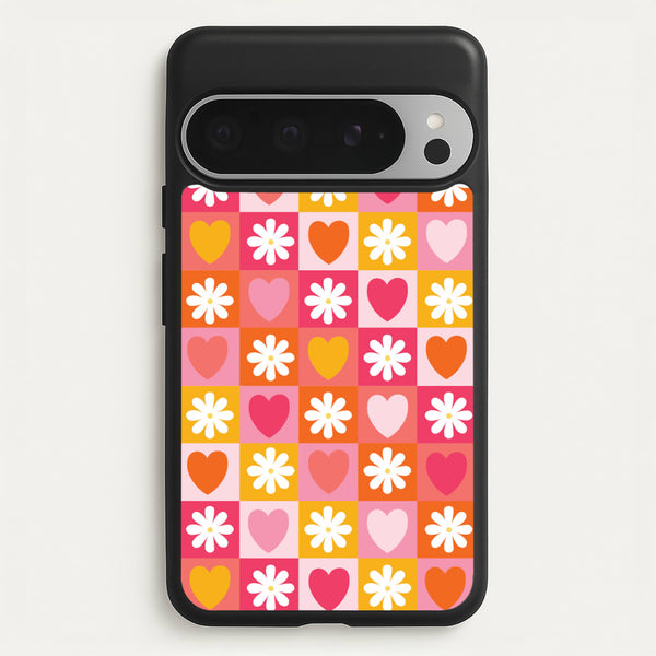Checked Hearts And Flowers - Spring Patterns  - Spring Phone Case for Google Pixel 9 Pro XL