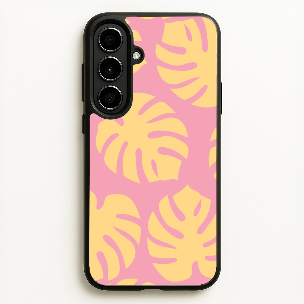 Pink And Yellow Summer Leaves Pattern  - Summer Phone Case for Galaxy A56