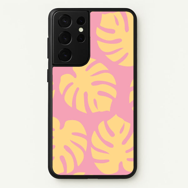 Pink And Yellow Summer Leaves Pattern  - Summer Phone Case for Galaxy S21 Ultra