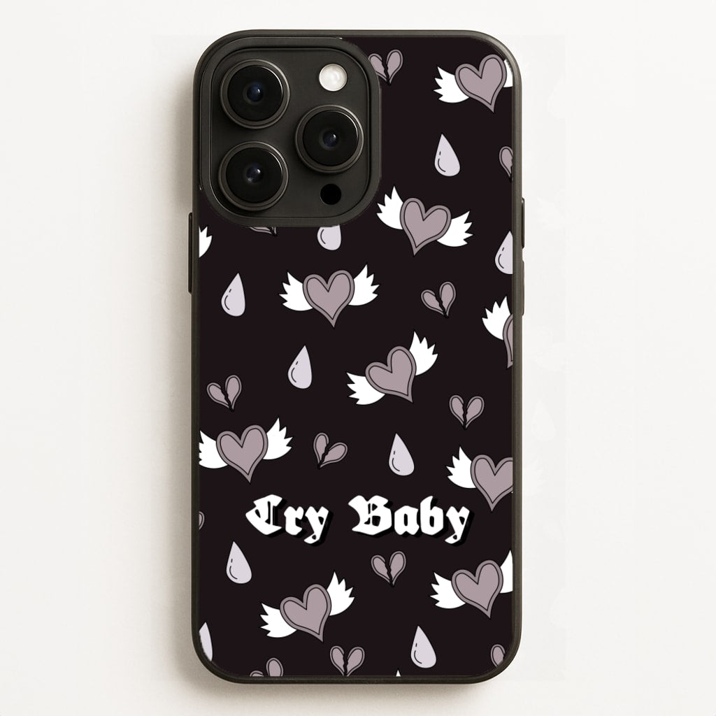 Cry Baby Monochrome Hearts Pattern  - Goth Aesthetic Phone Case for iPhone 16 Pro Max