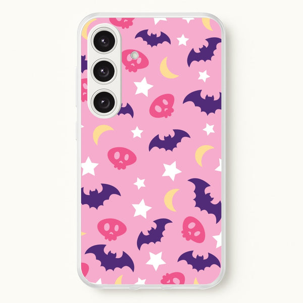 Skull, Bats And Stars Pattern  - Goth Aesthetic Phone Case for Galaxy S24