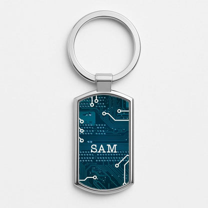 Blue Circuit Board Personalised Name Silver Metal Keyring