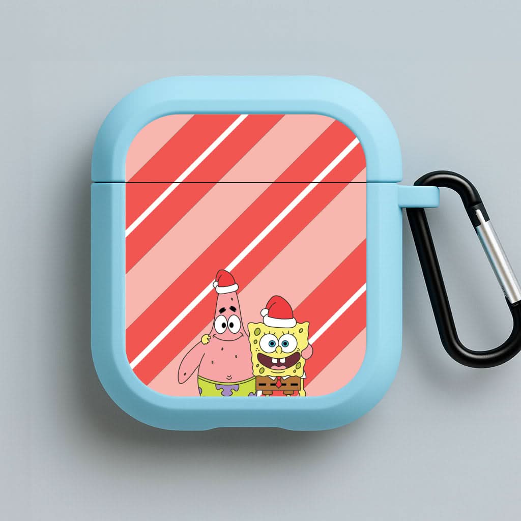 Cartoon Sponge And Starfish Christmas Hats Blue AirPods Case