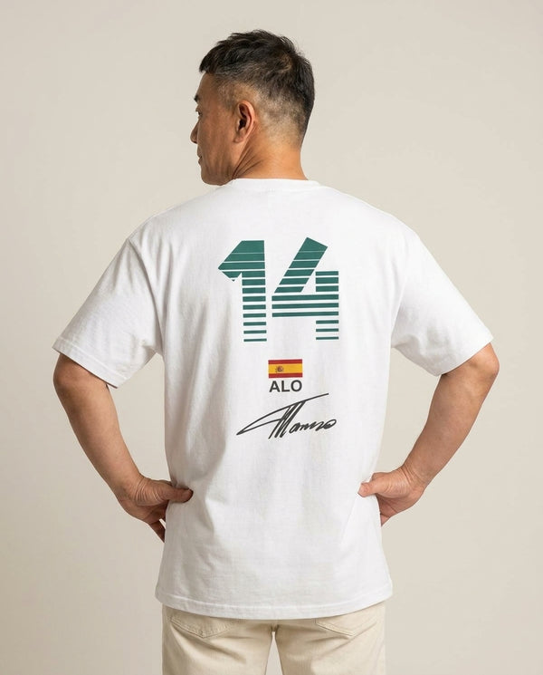 Alonso - F1 T-Shirt — White Back, worn