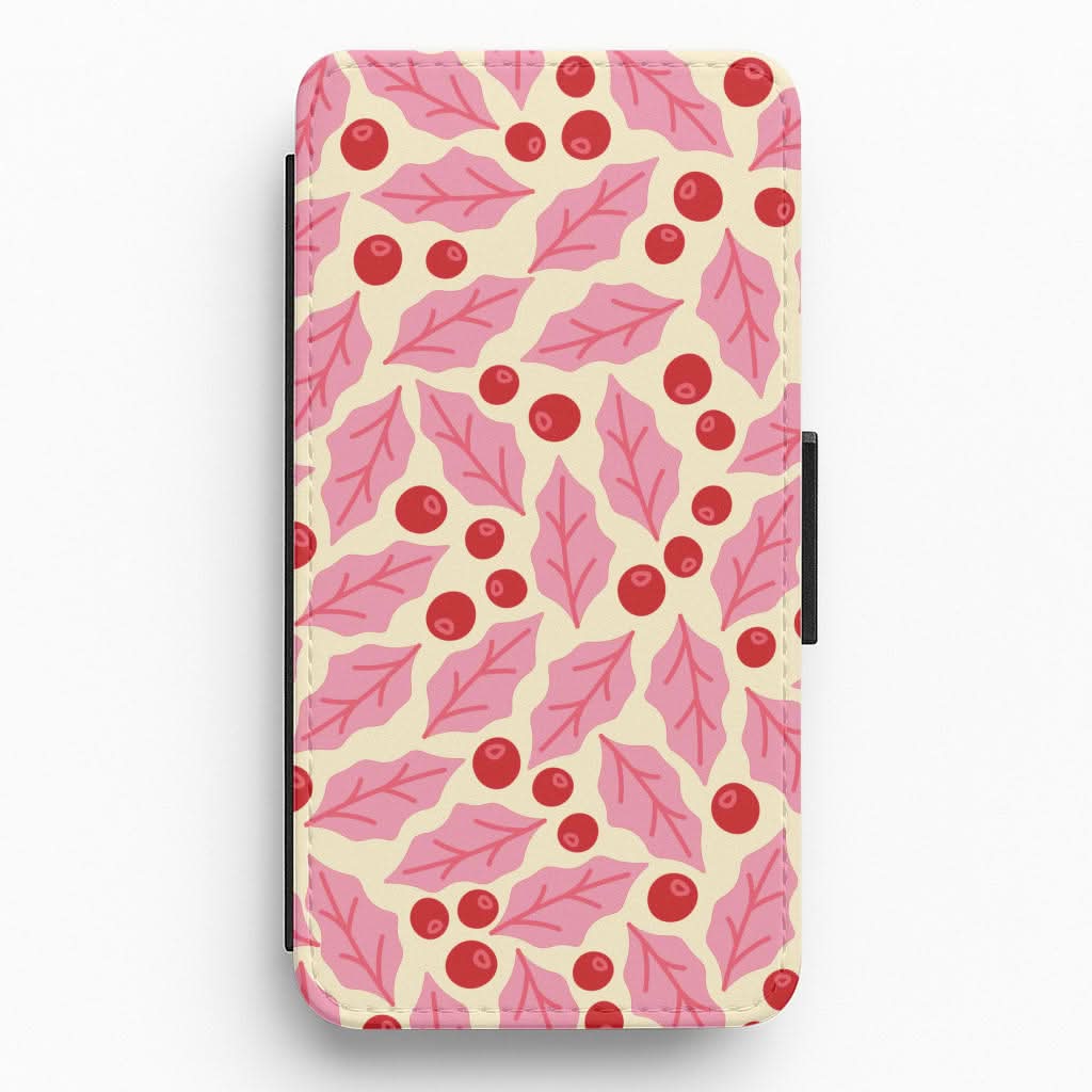 Pink Holly And Berries Pattern Flip / Wallet Phone Case