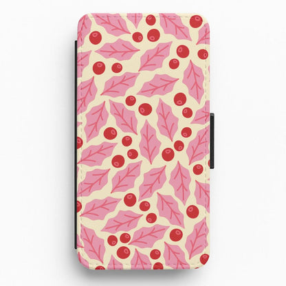 Pink Holly And Berries Pattern Flip / Wallet Phone Case