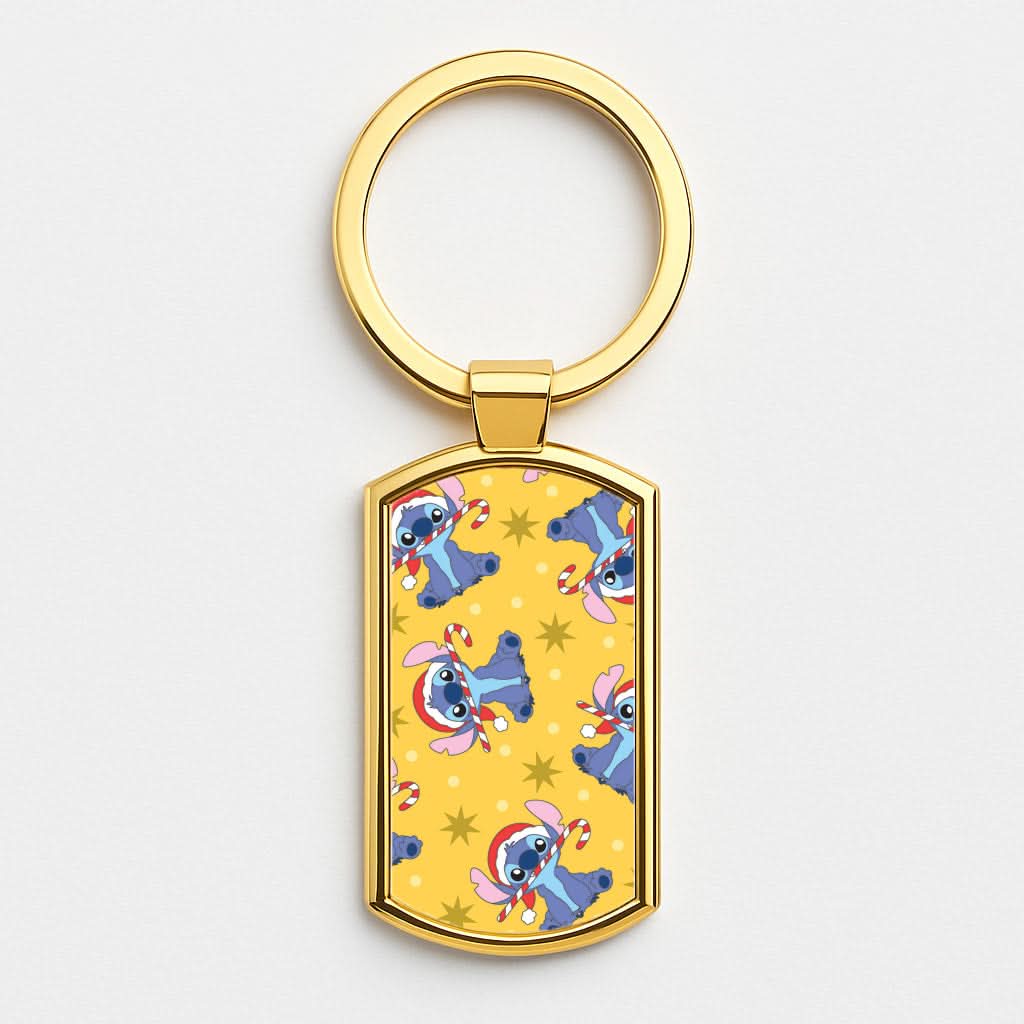 Cute Blue Alien Candycane Christmas Pattern Gold Keyring