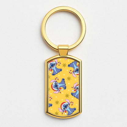 Cute Blue Alien Candycane Christmas Pattern Gold Keyring