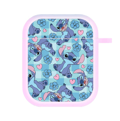 Blue Alien And Hearts Pattern AirPods Case