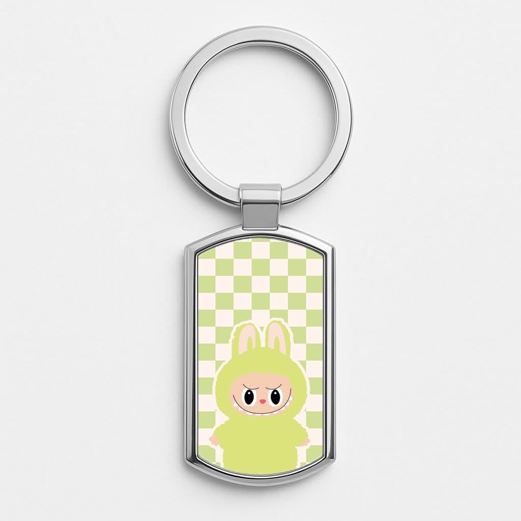 Checkered Cute Green Monster  Silver Metal Keyring
