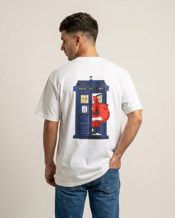 Santa's Tardis T-Shirt White Back, worn