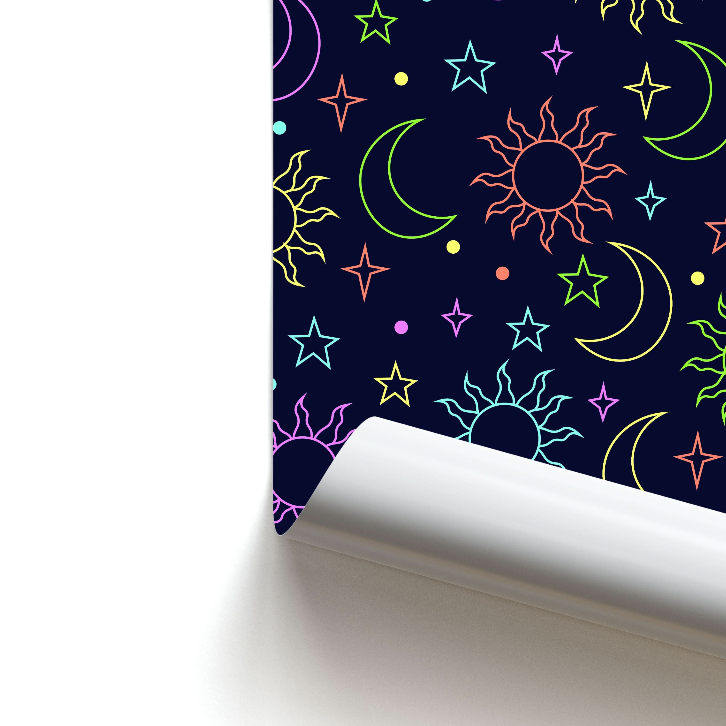 Sun, Moon And Stars Pattern Rainbow Poster