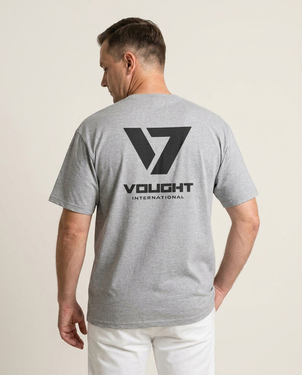 Vought Logo T-Shirt — Grey Back, worn