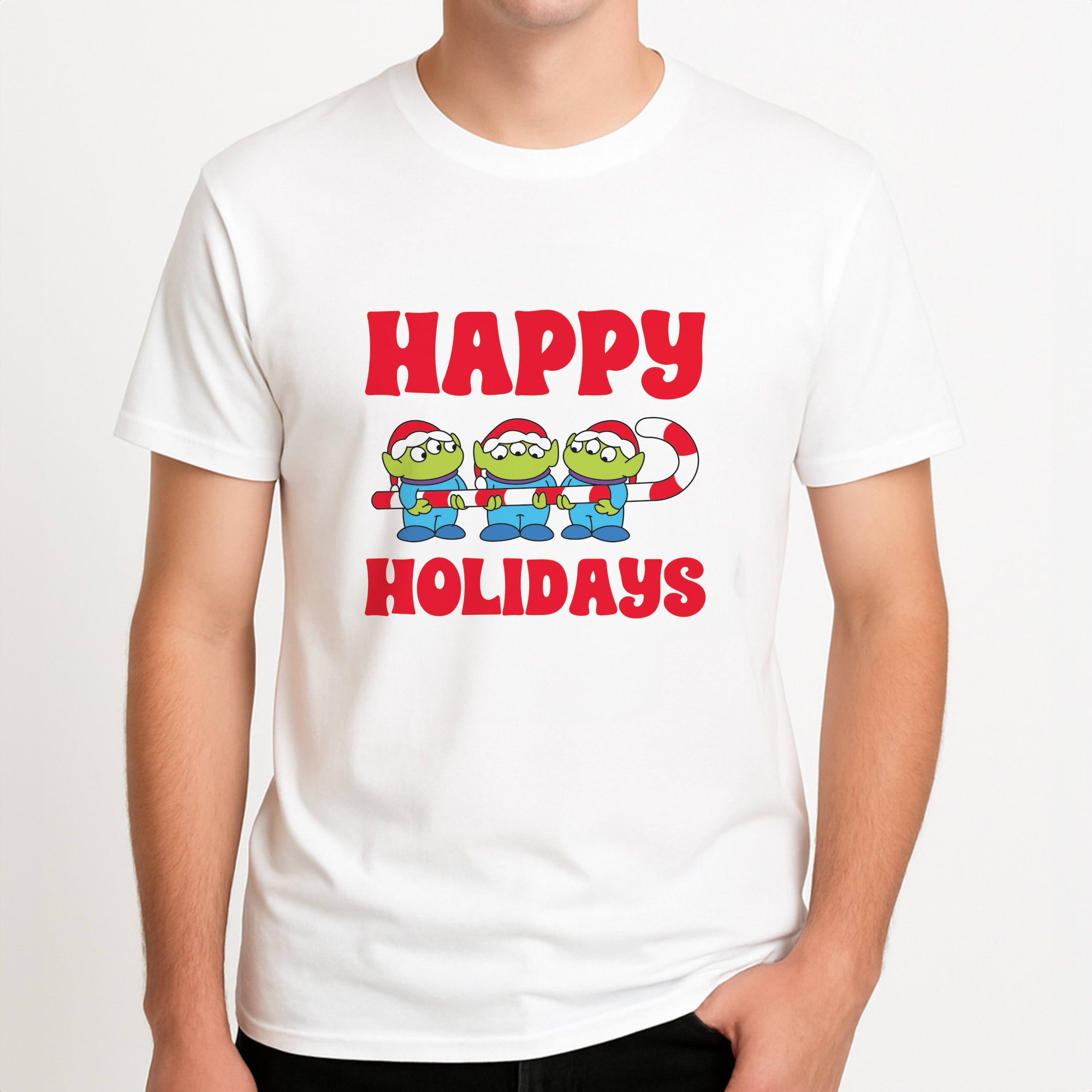 Happy Holidays Cute Green Aliens Mens T-Shirt