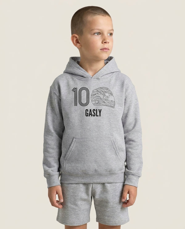 Gasly Helmet 2026 Kids Hoodie — Grey Front, worn