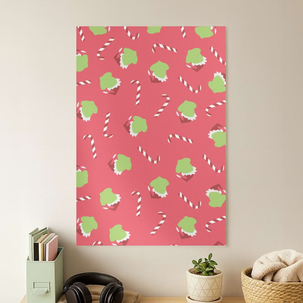 Green Creature And Candy Canes Pattern Poster